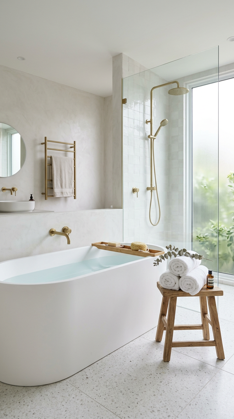 A pristine bathroom with a freestanding bath and rolled white towels